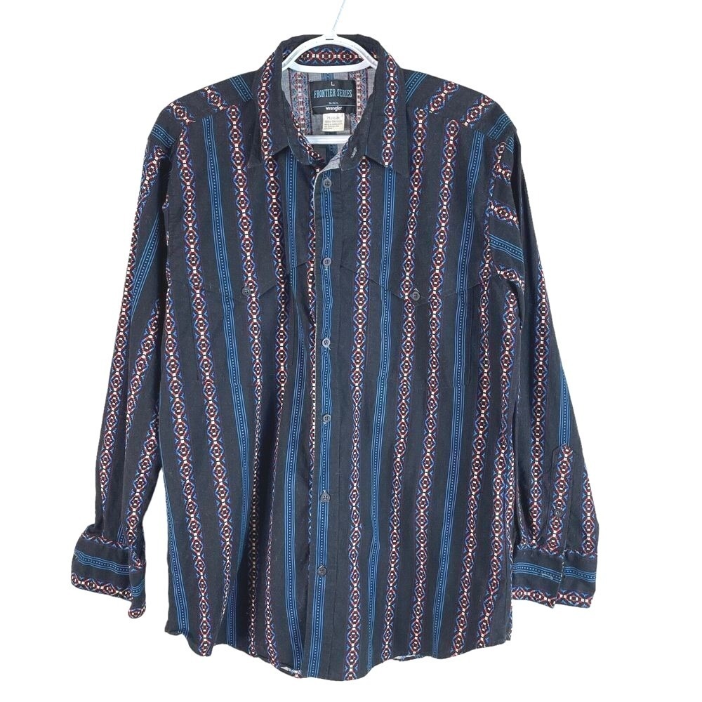Wrangler Frontier Series Shirt Mens L Black Southwestern Geometric Stripe Cotton